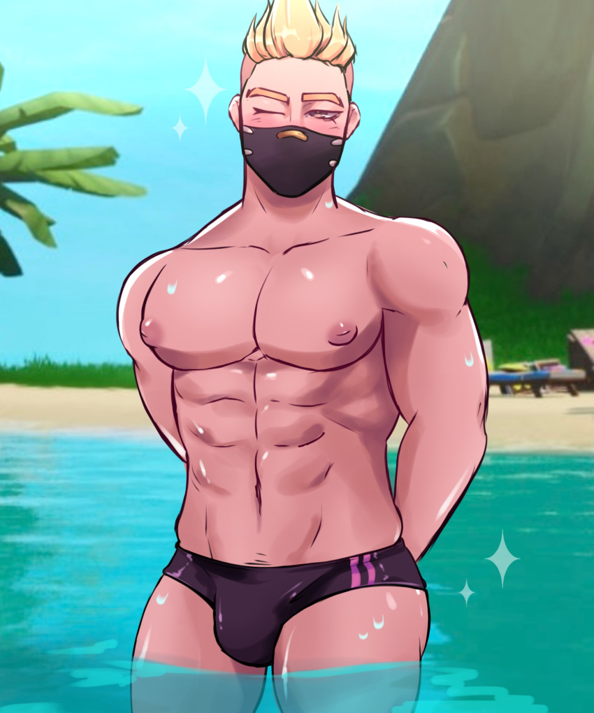 1boy abs bara beach biceps bulge drift_(fortnite) fortnite gay looking_at_viewer luxxy_art male male_only muscle muscles muscular muscular_male solo underwear water yellow_hair