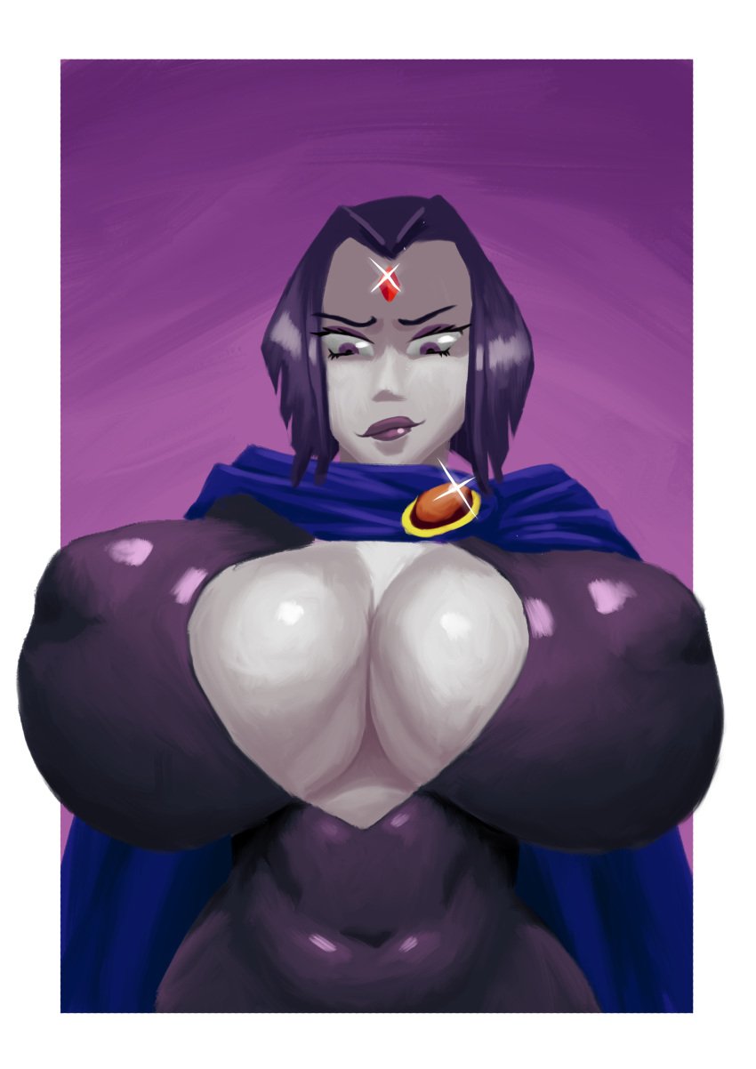 1girls alternate_breast_size big_breasts cleavage dc dc_comics female female_only huge_breasts large_breasts looking_down looking_down_at_breasts looking_down_at_self rachel_roth raven_(dc) short_hair solo teen_titans tight_clothing vsma8