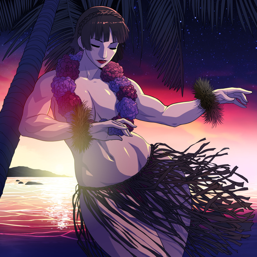 1girls atlus beach big_breasts breasts brown_hair brown_hair_female brunette brunette_hair casual coconut_tree dancing female flower_necklace garland grass_skirt hawaiian hula hula_dancer human japanese lei light-skinned_female makoto_niijima ocean pale_skin persona persona_5 persona_5_royal sea short_hair solo solo_female solo_focus sunset thick_thighs thighs vacation