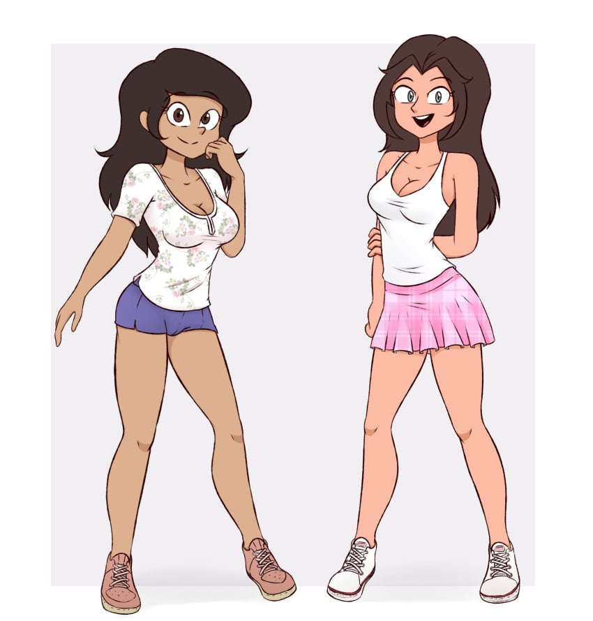 2girls adventures alternate_version_available anna_vallejo breasts brown_hair cleavage drawsoyeah elizabeth_monaco female female_only latina skirts tank_top teenager tight_shorts