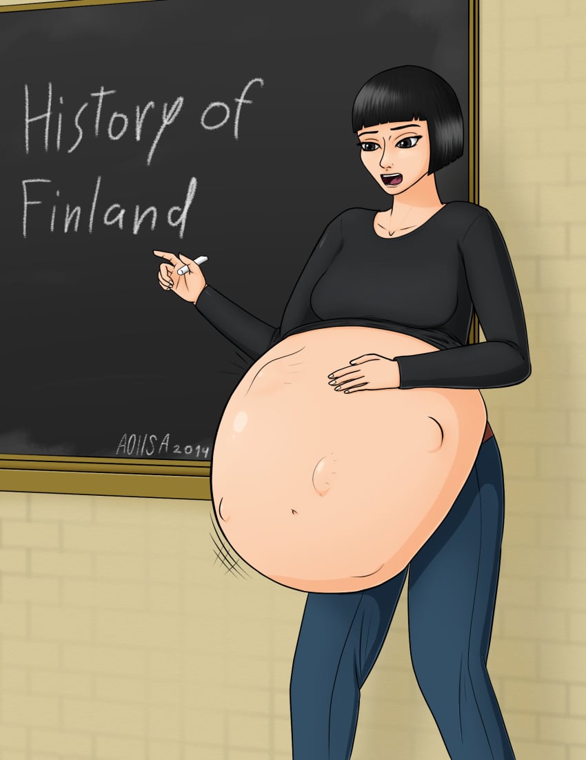 1girls 2014 a0iisa belly belly_bulge big_belly big_belly_bulge black_hair black_shirt breasts chalk chalkboard classroom exposed_belly fan_art finland ms._lynch_(lampton) oc oral_vore original short_hair soft_vore struggling struggling_prey teacher teacher_and_student teacher_pred teaching vore vore_belly