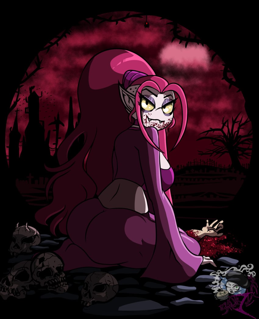 1girls ass big_breasts blood blood_on_face blood_stain butt_crack chubby dead_body disembodied_hand eyeshadow fangs gruftine imminent_death looking_at_viewer pinup pointed_ears ponytail school_for_vampires skulls smiling_at_viewer vampire