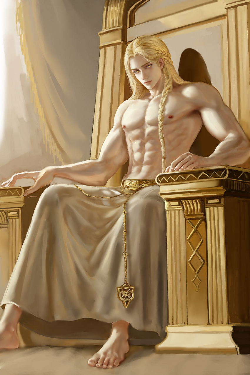 1boy abs bishonen blonde_hair braid braided_hair demigod elden_ring femboy fromsoftware godwyn_the_golden long_hair_male looking_at_viewer male male_only muscular muscular_male niore pretty_boy skirt throne throne_room topless topless_male