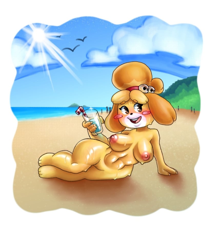 animal_crossing ass beach breasts breasts_out brown_eyes curvy cute drink female female_focus female_only happy isabelle_(animal_crossing) lemonugget nintendo nipples nude pussy solo_female sweat thick_thighs thighs yellow_fur