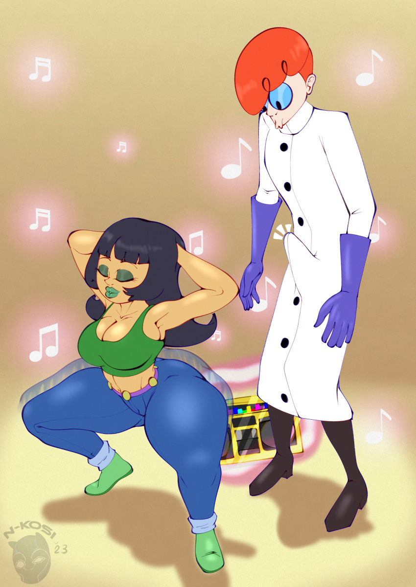 1boy 1girls armpits arms_up ass_visible_through_thighs black_hair boots bouncing_ass breasts cartoon_network cleavage clothing crouching dexter dexter's_laboratory erection erection_under_clothes female glasses gloves gold_boombox_(prevence) hands_behind_head labcoat lee_lee male n-kosi n-kosi_(coloring) orange_hair squatting thick_thighs twerking watching wide_hips