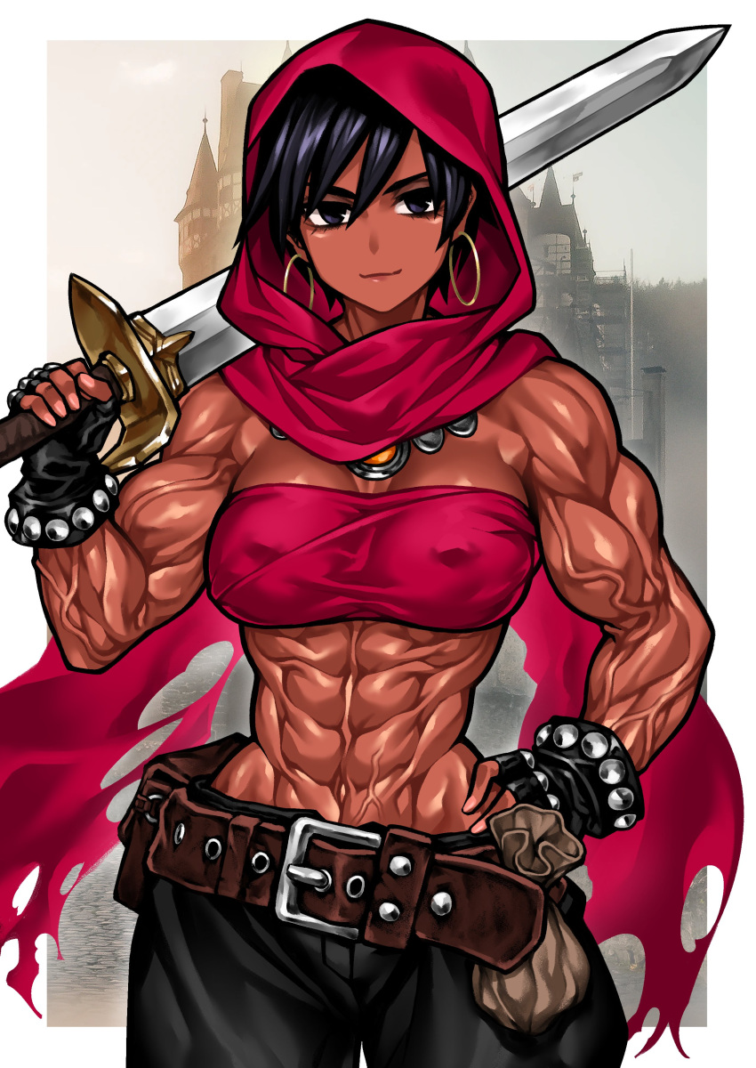 1girls abs bare_midriff biceps curvy dark-skinned_female dark_skin dungeons_and_dragons earrings extreme_muscles hood looking_at_viewer midriff muscular muscular_female nipple_bulge original red_hood short_hair sword thief_(d&d) toned toned_female tubetop veiny_muscles weapon weapon_over_shoulder wide_hips yuto_noirm08