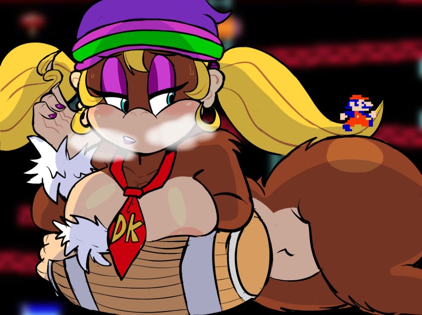 1boy 1girls anthro ass barrel beanie big_ass big_breasts big_butt blonde_hair blue_eyes brown_fur donkey_kong_(arcade) donkey_kong_(series) earrings eyebrows eyelashes eyeshadow fat_ass female female_focus instantnudeles jumpman large_breasts lipstick male mario mario_(series) monkey monkey_girl navel nintendo pixel_art ponytails thick_thighs thighs tie tiny_kong wide_hips