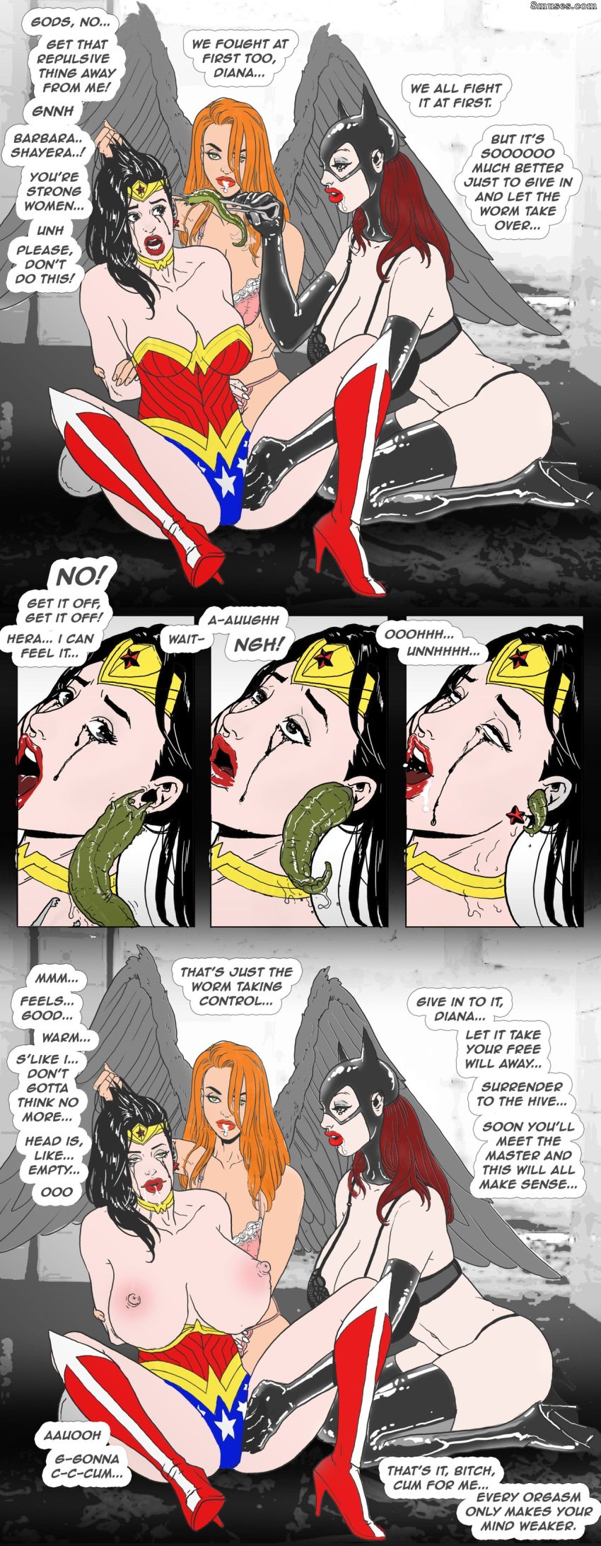 3girls amazon areola areolae barbara_gordon batgirl bimbofication black_hair body_invasion brainwashed brainwashing breast breasts breasts_out choker collar comic comic_strip corruption curvaceous curvy curvy_body curvy_female curvy_figure dc dc_comics diana_prince drooling ear_insertion exposed exposed_breast exposed_breasts exposed_nipple exposed_nipples eyes eyes_half_open female female_only fingering hawkgirl heroine hivemind hourglass_figure hypnosis hypnotized mind_break mind_control mindbreak multiple_girls nipple nipples orange_hair parasite pegasus_(artist) personality_change pulling_hair red_hair shayera_hol superhero superheroine text text_bubble thanagarian themysciran tiara voluptuous voluptuous_female wings wonder_woman wonder_woman_(series) worm yuri