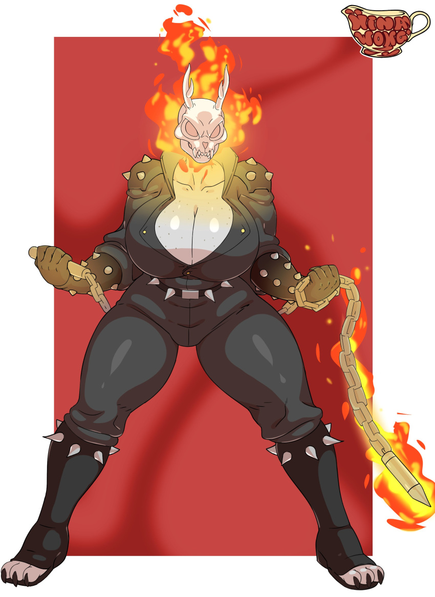 1girls big_breasts biker_clothes biker_jacket boots breasts_bigger_than_head busty chains cleavage clothing creamygravy female female_only fire flames ghost_rider horn horns huge_breasts humanoid large_breasts leather leather_jacket light-skinned_female light_skin looking_at_viewer male_character_(cosplay) marvel marvel_comics skull skull_head solo solo_female solo_focus thick thick_thighs thighs voluptuous voluptuous_female watermark wide_hips