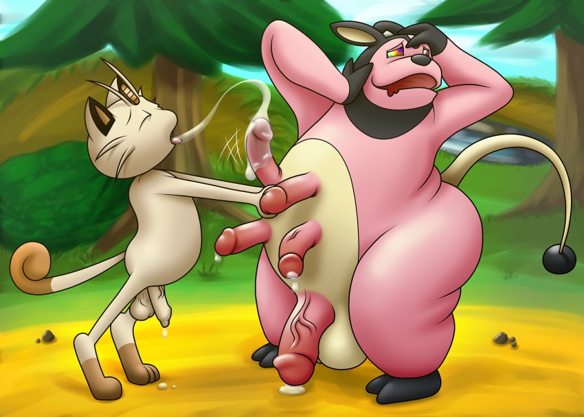 2boys anthro balls breasts cum feline foreskin furry gay hyper_penis koban_(coin) looking_pleasured male male_only meowth milk miltank multi_penis nipple_sucking oral penis pentaphallia pokémon_(species) pokemon precum questionable_anatomy saliva squeezing tail tree whiskers yoshoblue