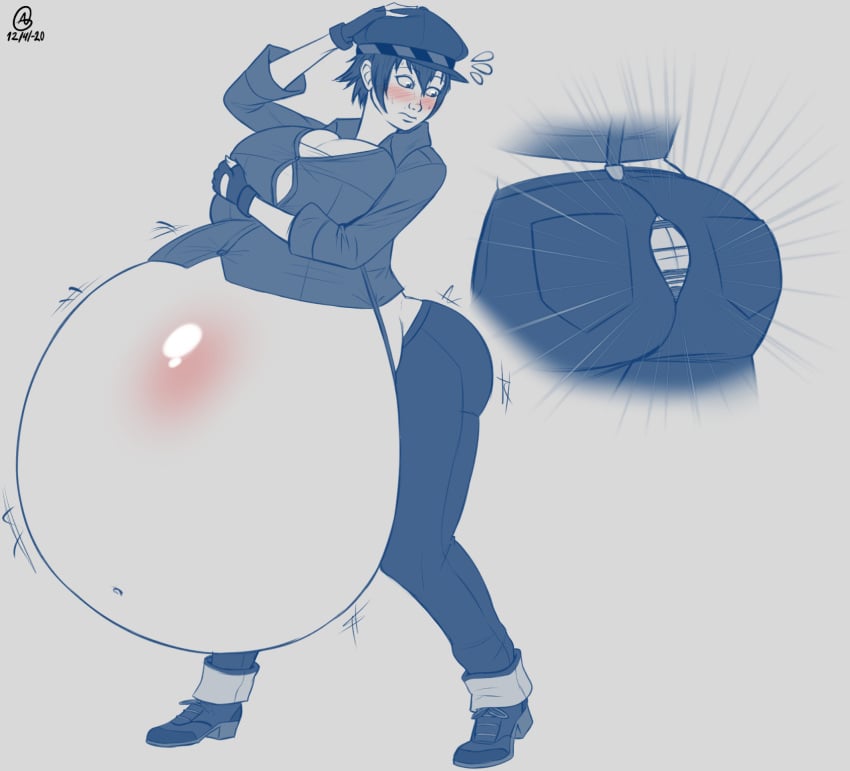 1girls a0iisa ass ass_expansion atlus belly belly_bulge belly_button belly_expansion big_ass big_belly big_breasts blue_hair blush breast_expansion breasts butt_expansion embarrassed huge_belly inflation looking_at_ass persona persona_4 persona_4_the_golden ripped_clothing shirogane_naoto short_hair sketch tomboy wardrobe_malfunction