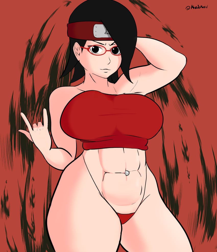 1girls abs big_breasts black_hair boruto:_naruto_next_generations curvaceous eyebrows eyelashes female female_only glasses hand_on_head headband headgear inkodoku large_breasts looking_at_viewer naruto navel navel_piercing panties piercing sarada_uchiha solo solo_female solo_focus thong wide_hips