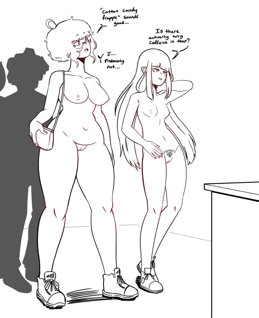 2girls artist_self-insert bag breasts casual casual_nudity eyewear female footwear holly_(purringjello) human hypercasual long_hair mostly_nude multiple_girls naked_footwear naked_sneakers navel nude nude_female nudist pale_skin pubic_hair public purringjello pussy red_hair short_hair sneakers starbucks vagina waiting waiting_in_line