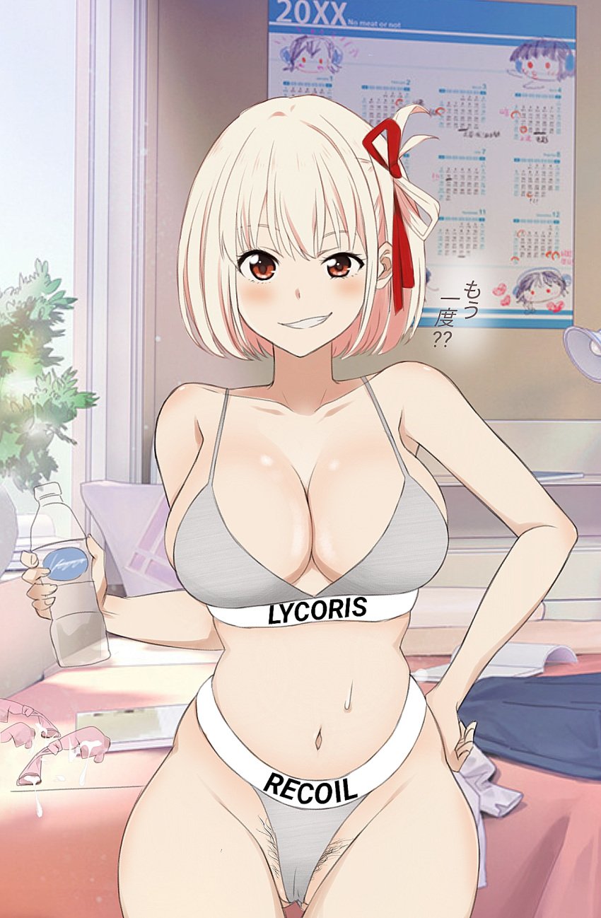 after_sex black_pubic_hair blonde_hair blush bob_cut breasts commentary_request condom cum female female_pubic_hair gangshangguang_(smjy5842) hair_ribbon highres large_breasts looking_at_viewer lycoris_recoil mismatched_pubic_hair multiple_condoms navel nishikigi_chisato pubic_hair pubic_hair_peek red_eyes red_ribbon ribbon short_hair smile underwear used_condom