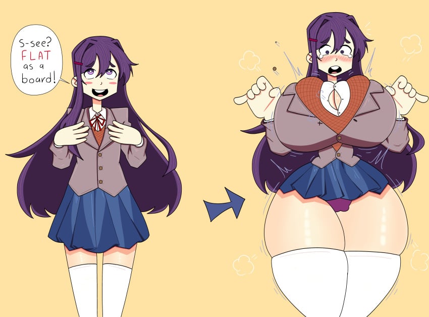 2023 alternate_ass_size alternate_breast_size ass_expansion before_and_after boob_window breast_expansion doki_doki_literature_club expansion flat_chest growth rohanemeritus school_uniform thigh_highs transformation transformation_sequence wardrobe_malfunction yellow_background yuri_(doki_doki_literature_club)