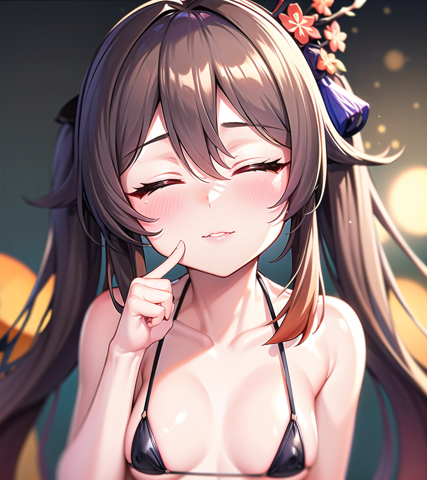 1girls ai_generated bikini blush breasts brown_hair closed_eyes genshin_impact hu_tao_(genshin_impact) lips micro_bikini pointing pointing_at_self small_breasts smile twintails