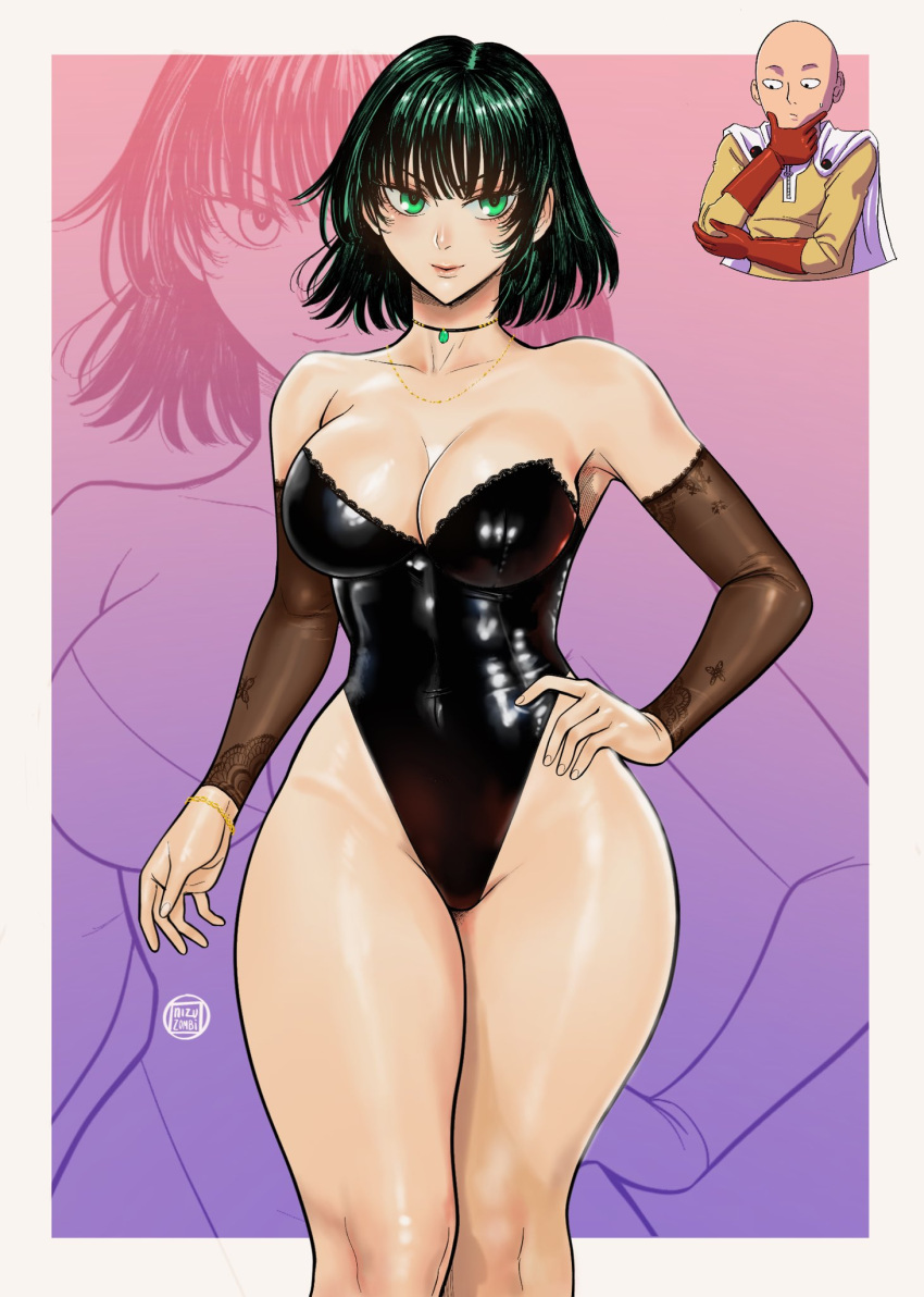 1boy 1girls big_breasts breasts cleavage curvy dark_green_hair fubuki_(one-punch_man) green_eyes green_hair highres hips hourglass_figure legs leotard lips medium_hair nizuzombi one-punch_man saitama shiny_skin short_hair thick_thighs thighs wide_hips