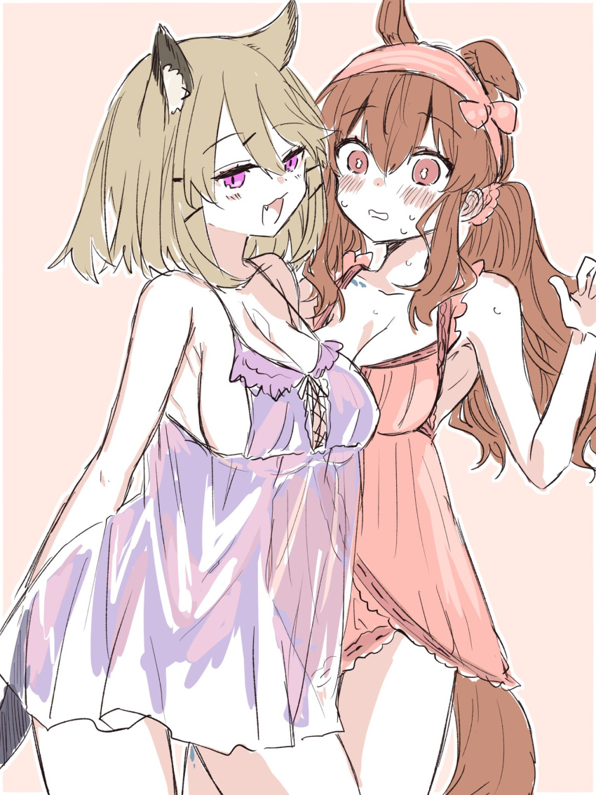 2girls :3 an_fyhx angelina_(arknights) animal_ears arknights babydoll bare_shoulders beige_hair big_breasts blush breasts brown_hair chest cleavage cute_fang embarrassed female female_only flustered hairband half-closed_eyes hands_behind_back heavy_blush huge_breasts large_breasts light-skinned_female long_hair magenta_eyes no_bra oerba_yun_fang open_mouth red_eyes sideboob smile standing surprised sweatdrop tail utage_(arknights)