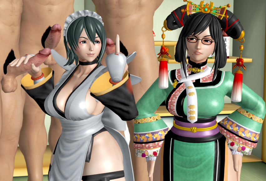 2girls 3boys 3d annoyed big_breasts big_penis black_eyes black_hair busty chinese_clothes clothing glasses grey_eyes grey_hair grin handjob hands_on_hips hi_res huge_penis iroha large_breasts legs maid maid_headdress middle_finger multiple_boys multiple_girls nude penis ponhiki samurai_shodown short_hair smile snk thick_thighs thighs voluptuous wu-ruixiang