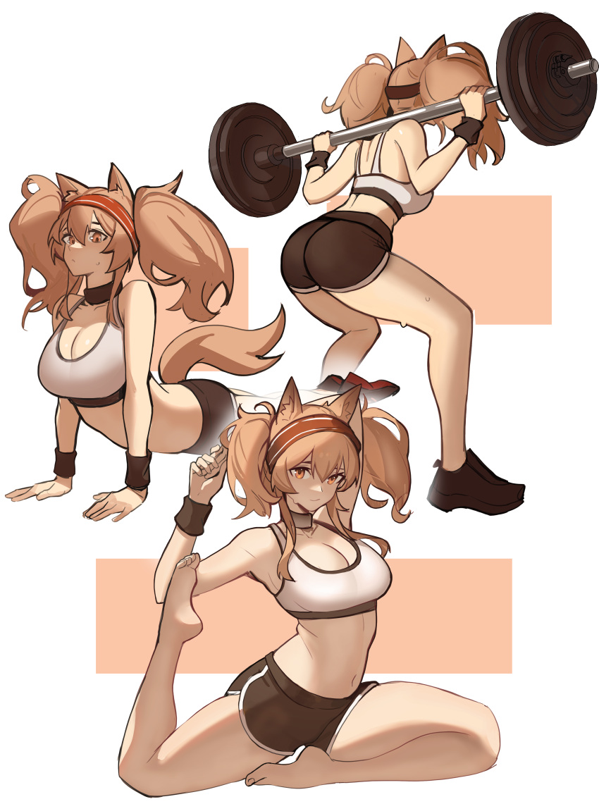 1girls angelina_(arknights) animal_ears arknights ass bare_shoulders barefoot belly big_breasts breast_press breasts brown_eyes brown_hair chest choker cleavage cobra_position excercise feet female female_only fox_ears fox_tail hairband hands_behind_head large_breasts legs light-skinned_female looking_at_viewer medium_hair midriff multiple_views navel ninra push-up shoes shorts sitting solo sports_bra sportswear squats squatting stomach stretching sweatdrop tail thighs topwear training twintails workout wrist_cuffs