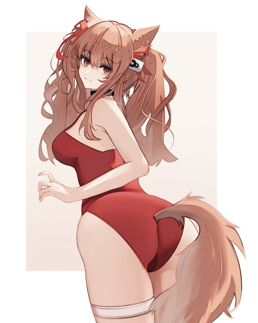 1girls angelina_(arknights) angelina_(summer_flowers)_(arknights) animal_ears arknights ass bare_shoulders big_ass big_breasts brown_hair choker female female_only fox_ears hair_ribbon l.v.c. light-skinned_female long_hair looking_at_viewer looking_back looking_back_at_viewer one-piece_swimsuit red_eyes red_one-piece_swimsuit red_swimsuit solo standing swimsuit tail thigh_strap thighs