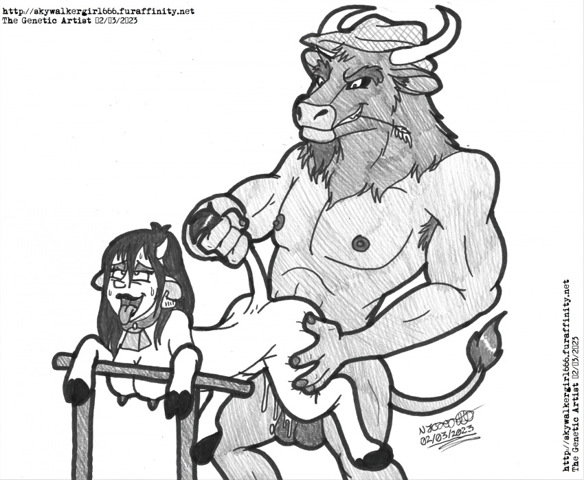 1boy 1girls ahe_gao animal_humanoid anthro artistnjc balls black_and_white bodily_fluids bovid bovid_humanoid bovine bovine_humanoid breasts breeding_stand broken_rape_victim cattle_humanoid clothing cowbell dominant dominant_anthro dominant_male duo european_mythology evil_grin female femsub forced genitals greek_mythology hand_on_butt hat headgear headwear hi_res hooves horn hucow human human_on_anthro humanoid interspecies looking_pleasured male male/female maledom mammal mammal_humanoid minotaur monochrome muscular muscular_anthro mythology nipples nude off_the_ground open_mouth partial_transformation penetration questionable_consent raised_tail rape signature simple_background size_difference slave smile species_transformation tail tail_pull tongue tongue_out traditional_media_(artwork) transformation women_livestock