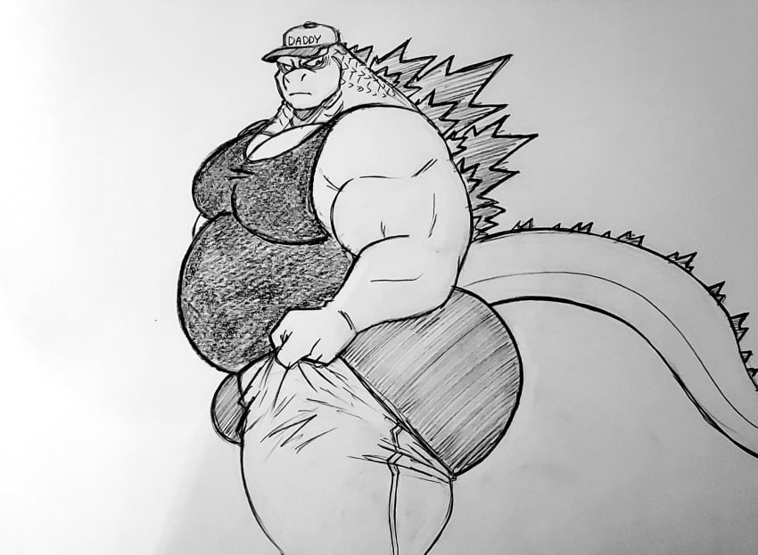 1boy anthro ass big_ass bubble_butt bulge fur furry godzilla godzilla_(series) huge_ass lynnsdarkside male male_only monochrome solo tagme tight_pants tight_pants_(meme) traditional_media