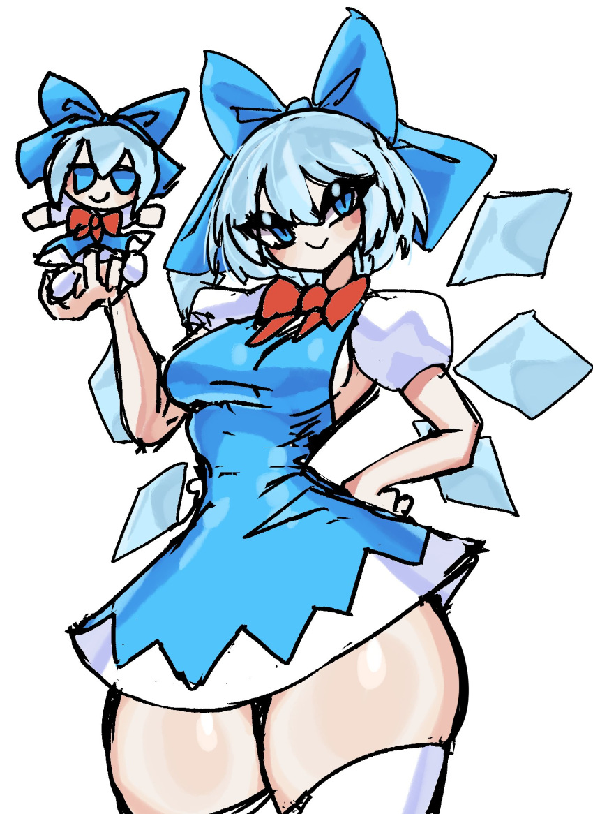 1girls blue_eyes blue_hair blue_ribbon bow breasts cirno clothed_female fairy fairy_wings female fumo_cirno fumo_plush hairbow ice ice_wings ribbon short_hair simple_shading smug smug_smile solo solo_female thick_thighs thighs touhou touhou_project white_background wings ziffern