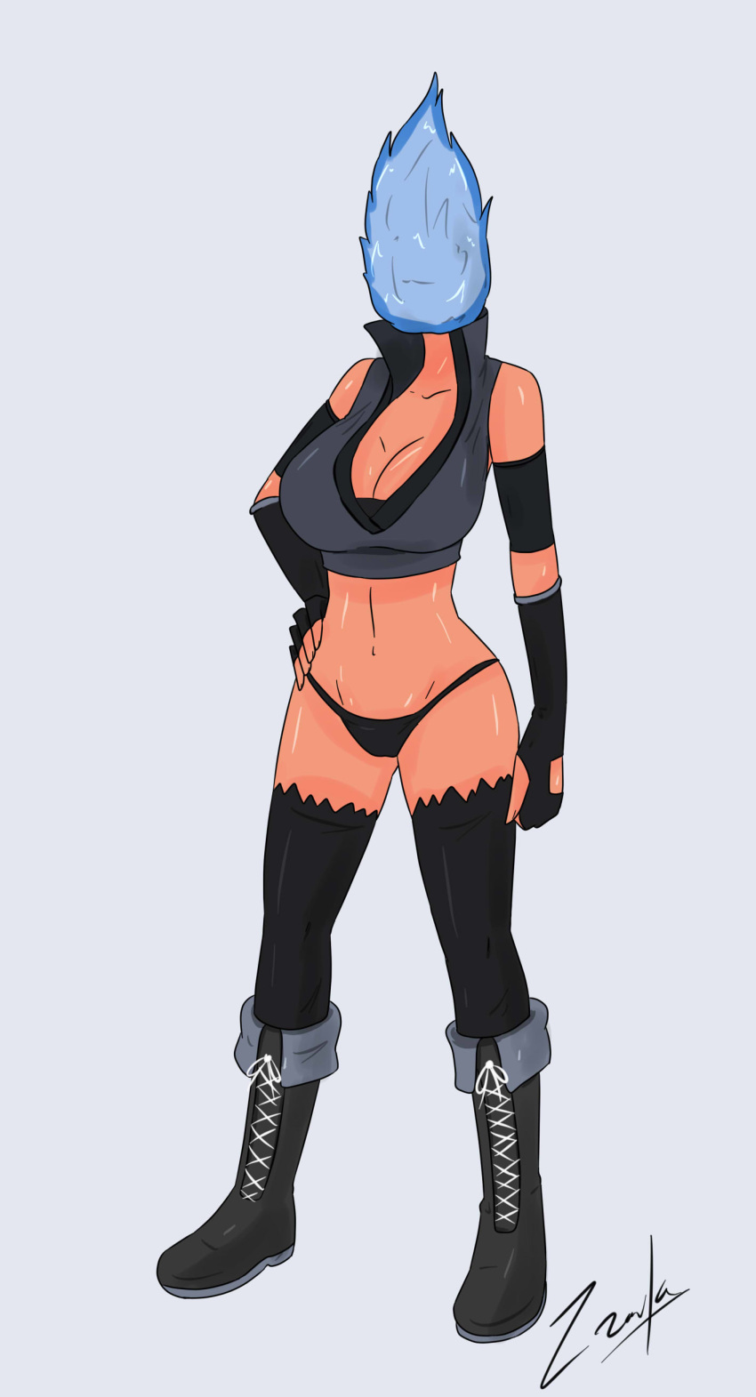 black_gloves black_legwear black_panties boots crop_top dullahan fire flaming_neck fully_clothed headless_(chunette) revealing_clothes tan_skin zronku