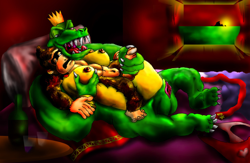 color donkey_kong donkey_kong_(series) furry interspecies jiggawhat k_rool kong kremling male male_only multiple_males nintendo no_humans open_mouth teeth yaoi