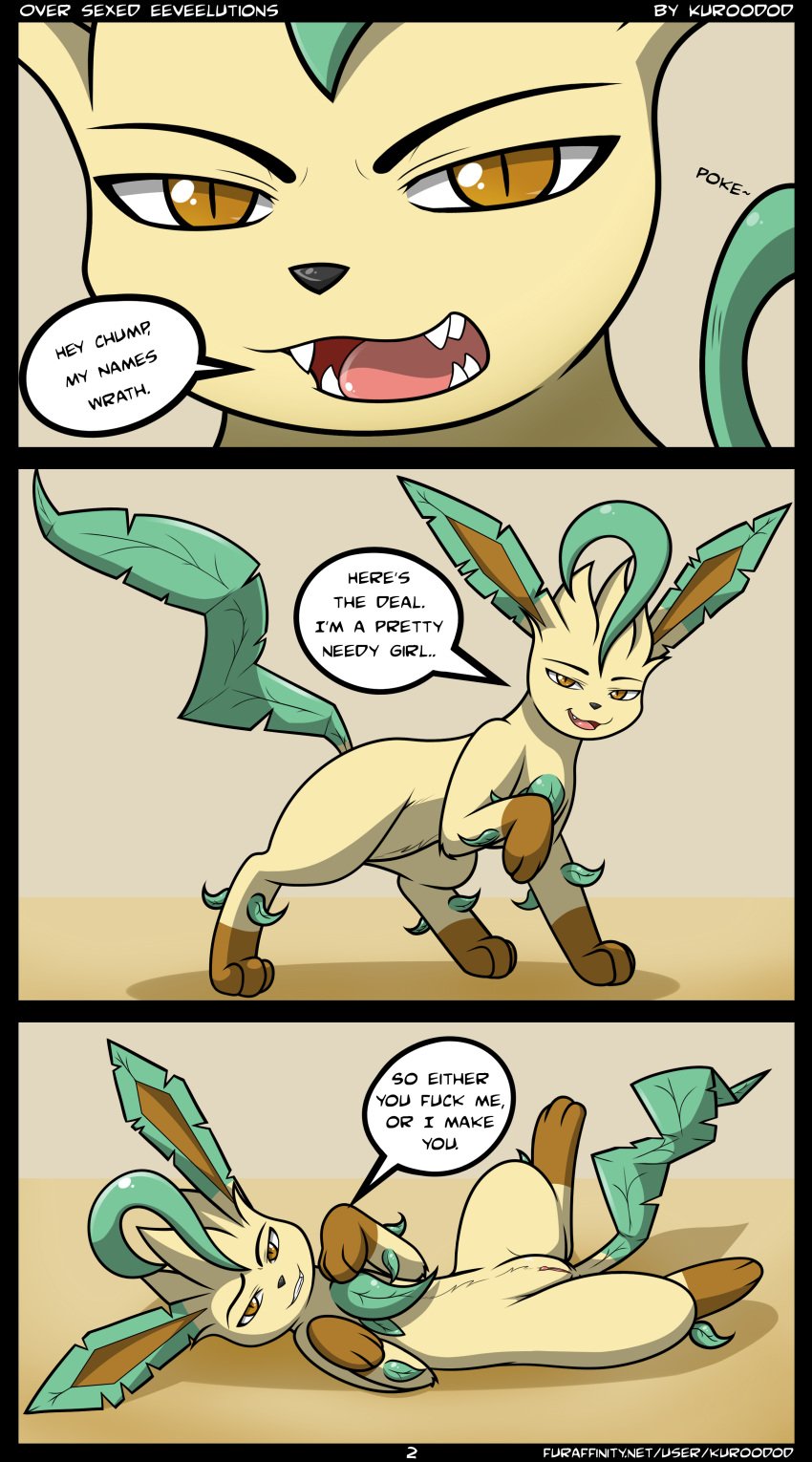 2014 absurd_res brown_eyes color dialog eeveelution english_text female feral furaffinity_username hi_res kuroodod leaf leafeon lying nintendo on_back page_2 pokemon pokemon_(species) pussy slit_pupils solo standing text video_games wrath_(kuroodod)