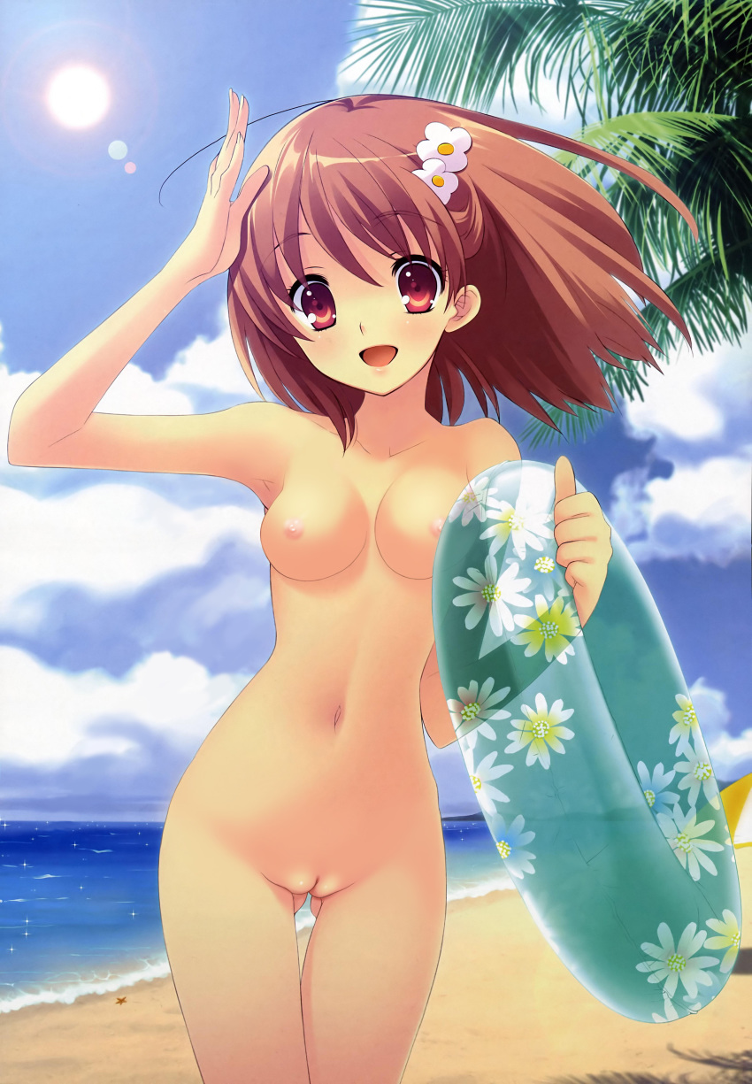 armpits beach blush breasts brown_eyes brown_hair cleft_of_venus cloud female flyable_heart hair_ornament hairpin highres inaba_yui innertube itou_noiji looking_at_viewer medium_breasts navel nude nude_filter ocean pussy sky smile solo sun