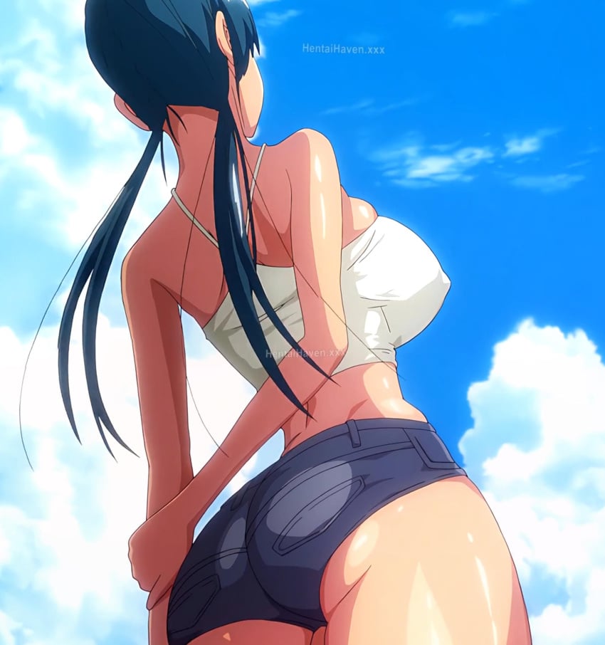 1girls ass blue_hair breasts clothing hips koumi-jima_shuu_7_de_umeru_mesu-tachi large_ass large_breasts nipples rina_(koumi-jima_shuu_7_de_umeru_mesu-tachi) screencap screenshot shorts stitched sweatdrop thick_thighs thighs torudaya_(animation_studio) watermark