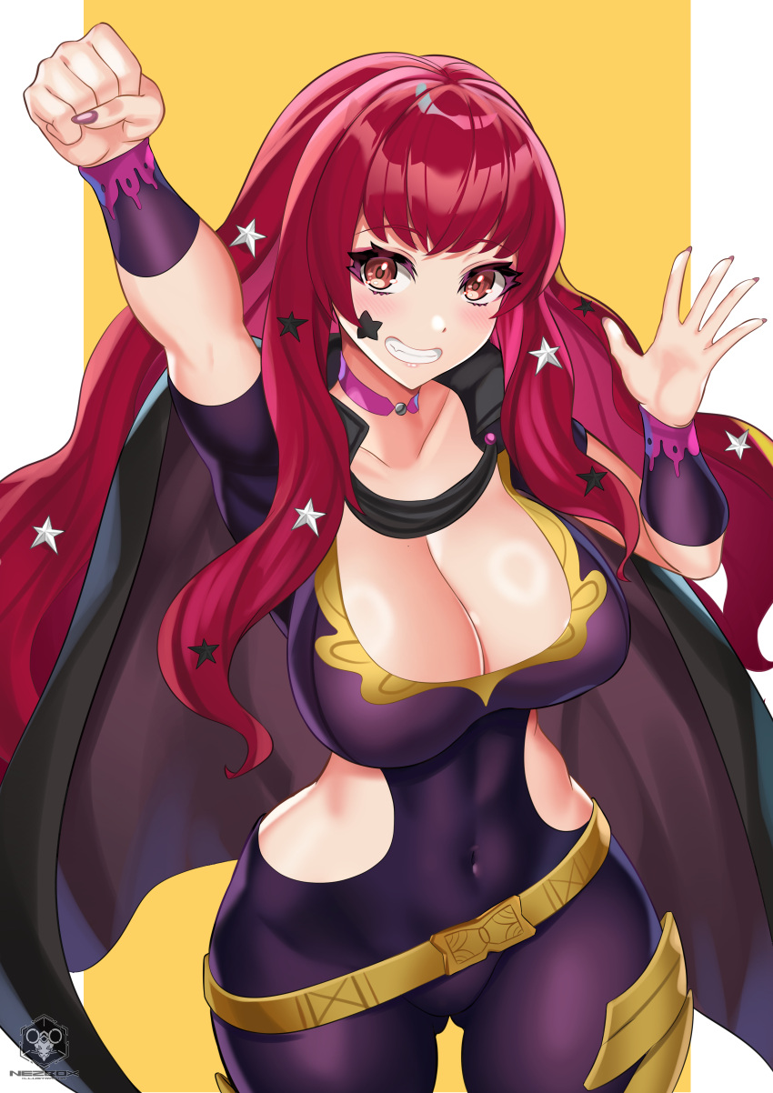 1girls absurdres ass_visible_through_thighs bangs belt black_cape breasts cape choker cleavage commentary_request covered_navel cowboy_shot facial_mark facial_tattoo female female_only fire_emblem fire_emblem_engage grin hair_ornament hand_up highres large_breasts long_hair looking_at_viewer nail_polish nez-box nintendo orange_eyes pink_choker purple_nails red_hair smile solo standing star_(symbol) tattoo thighs very_long_hair yellow_belt yunaka_(fire_emblem)