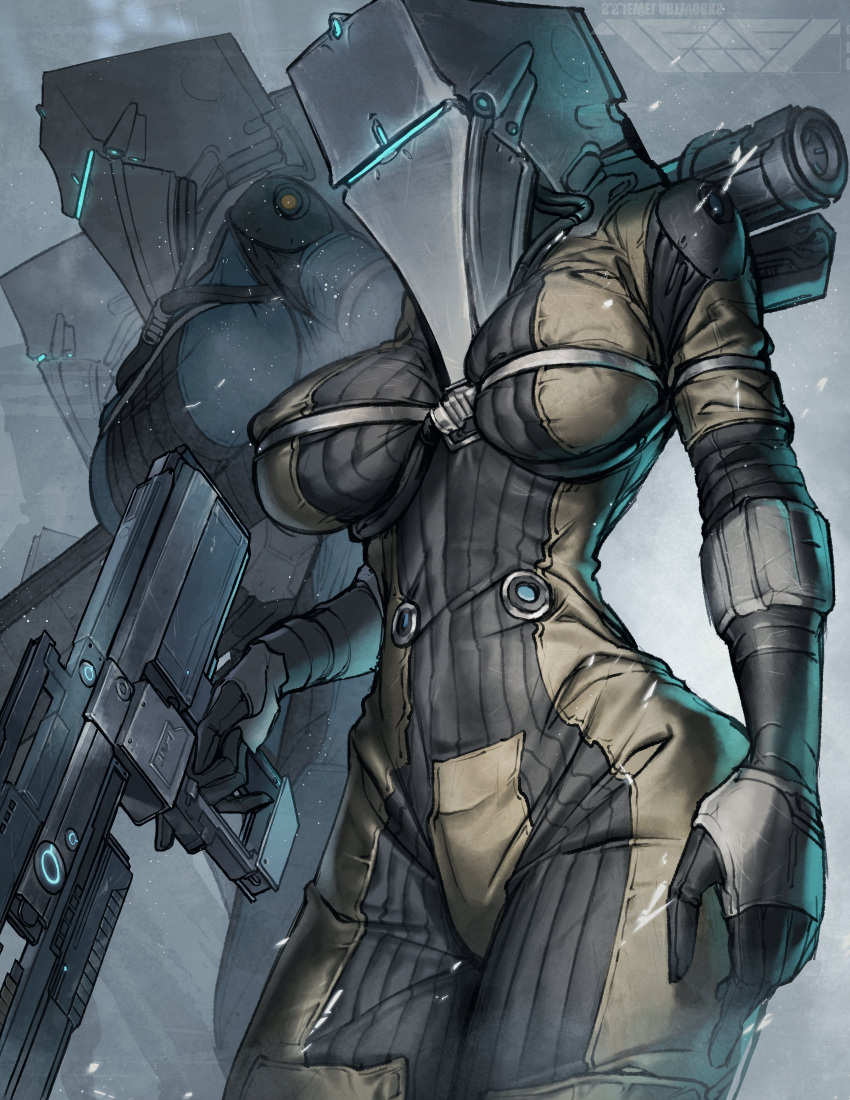 2girls ass athletic_female breasts clothing corpus female female_only helmet hips holding_weapon juerucj large_ass large_breasts warframe wide_hips