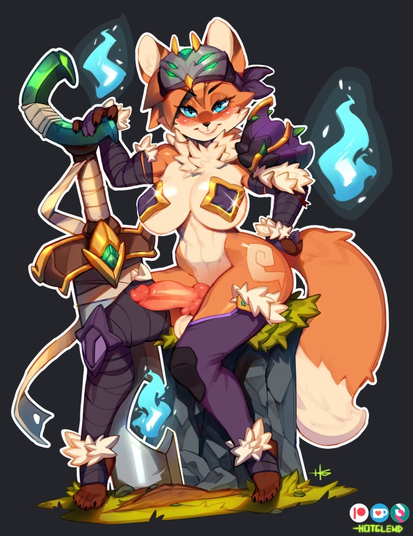 <3_eyes accessory animal_genitalia animal_penis anthro balls bandage barefoot big_breasts big_sword blue_eyes blue_fire blush breasts canid canine canine_genitalia canine_penis claws cleavage clothed clothing colored_fire feet fire fluffy fox fur futa_only futanari genitals grass gynomorph hallogreen hand_on_hip hand_on_own_hip headband heart hi_res intersex leg_tattoo looking_at_viewer mammal ninja penis plant rock sitting smile solo_futa tattoo thigh_tattoo touching_hip touching_own_hip vela_(kagekitsoon) warrior weapon