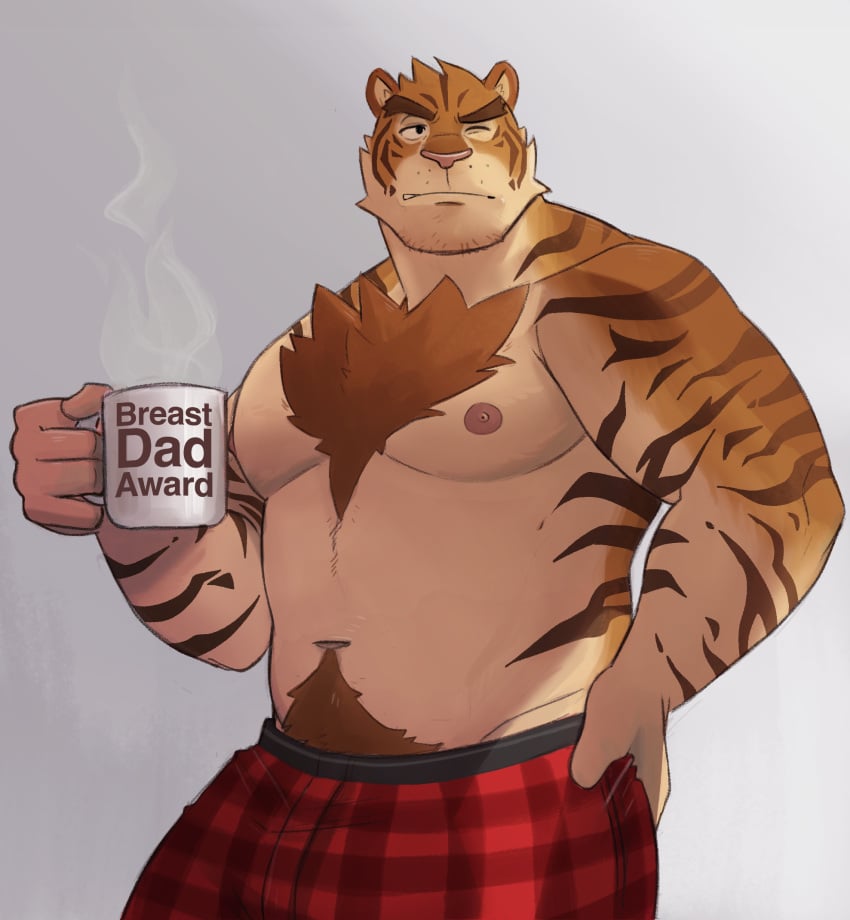 2023 anthro barechested biceps body_hair chest_hair clothed clothing coffee_mug felid grimace hand_on_back hi_res holding_coffee_mug humor looking_aside male male_only mammal manly mature_male musclegut muscular navel nipples one_eye_closed pantherine pants_only pattern_clothing pecs plaid plaid_clothing pubes shirtless shirtless_male simple_background solo steam tiger topless topless_male triceps waking_up zcdartz