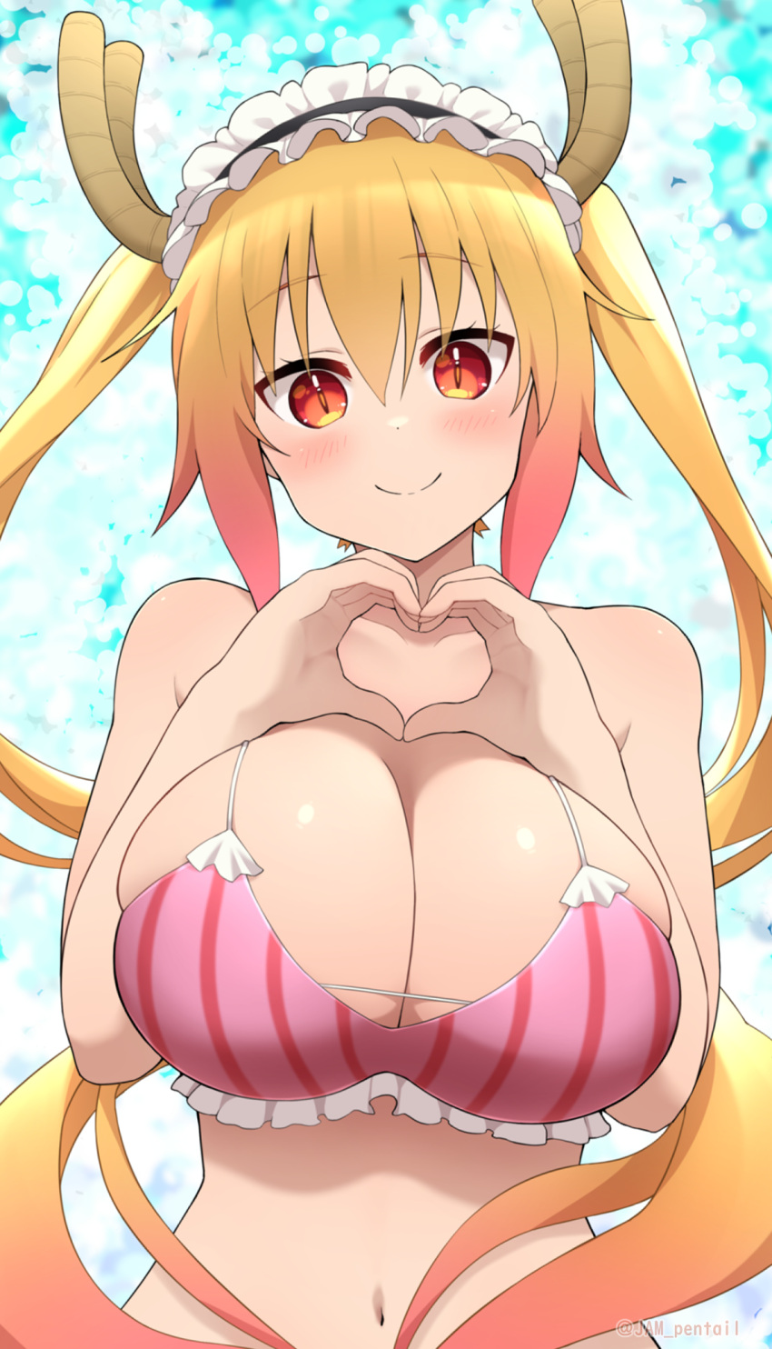 1girls big_breasts bikini blush female heart jampen large_breasts long_hair maid_headdress miss_kobayashi's_dragon_maid sketch smile solo swimsuit tohru_(dragon_maid) twintails