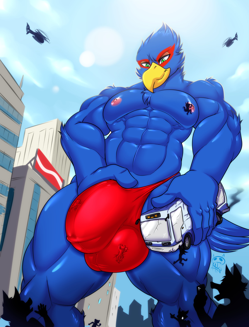 anthro avian bird blue_body bulge bulge_grab bus city clothing commercial_vehicle detailed_bulge falco_lombardi genital_outline hi_res katsuke looking_down looming low-angle_view macro male muscular muscular_male nintendo public_transportation speedo star_fox swimwear togepi1125 vehicle vehicle_for_hire worship