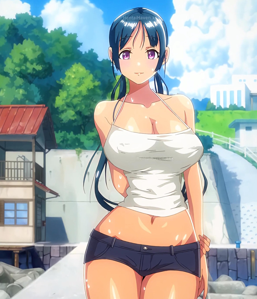 1girls blue_hair breasts cleavage hips koumi-jima_shuu_7_de_umeru_mesu-tachi large_breasts looking_at_viewer midriff purple_eyes rina_(koumi-jima_shuu_7_de_umeru_mesu-tachi) screencap screenshot shorts stitched sweatdrop thick_thighs thighs torudaya_(animation_studio) watermark wide_hips