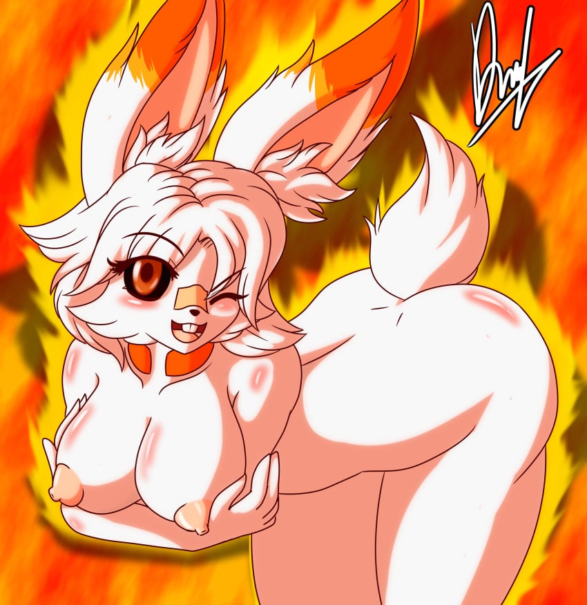 absurd_res alice_(sugarysylvee) anthro big_breasts breasts derthevaporeon female generation_8_pokemon hi_res lagomorph leaning leaning_forward leporid mammal nintendo nude pokemon pokemon_(species) pose rabbit scorbunny smile smiling_at_viewer solo winking_eye