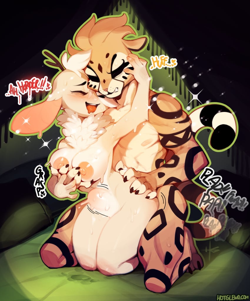 absurd_res anthro areola big_breasts breasts closed_eyes deer duo felid female hallogreen hi_res jenjen_(oyenvar) male male/female mammal navel nipples open_mouth pantherine sex smile tiger