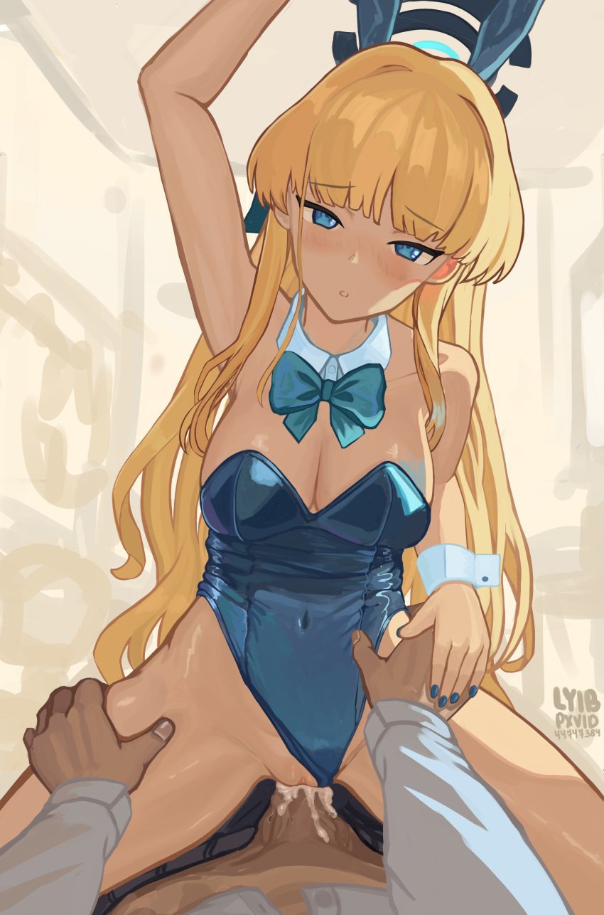 1boy :o absurdres animal_ears blonde_hair blue_archive blue_bow blue_eyes blue_leotard blue_ribbon blunt_bangs bow breasts cowgirl_position cum cum_in_pussy erection fake_animal_ears female hairbow halo highres leotard long_hair looking_at_viewer lyib non-web_source playboy_bunny pov pussy_juice ribbon sex simple_background straddling toki_(blue_archive) toki_(bunny)_(blue_archive) vaginal_penetration wrist_cuffs