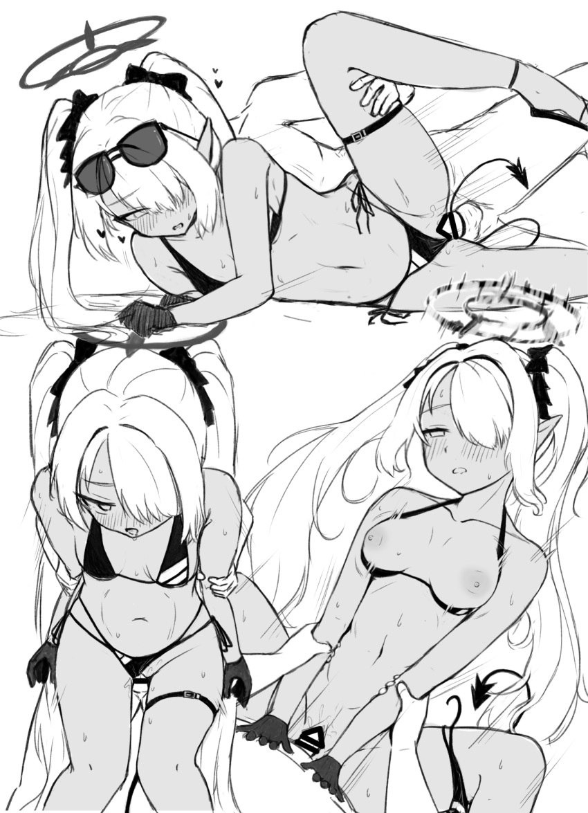 bar_censor bikini bikini_bottom_aside black_bikini blue_archive blush breasts breasts_out censored clothing_aside dark-skinned_female dark_skin demon_tail gehenna_academy_student gloves greyscale hair_over_one_eye halo heart highres iori_(blue_archive) iori_(swimsuit)_(blue_archive) leg_up looking_at_viewer lying mintchoco_(minchothudong) monochrome navel nipples on_side one_eye_covered penis pointy_ears prefect_team_(blue_archive) pussy sex sex_from_behind small_breasts spooning standing standing_sex straight swimsuit tail twintails vaginal_penetration