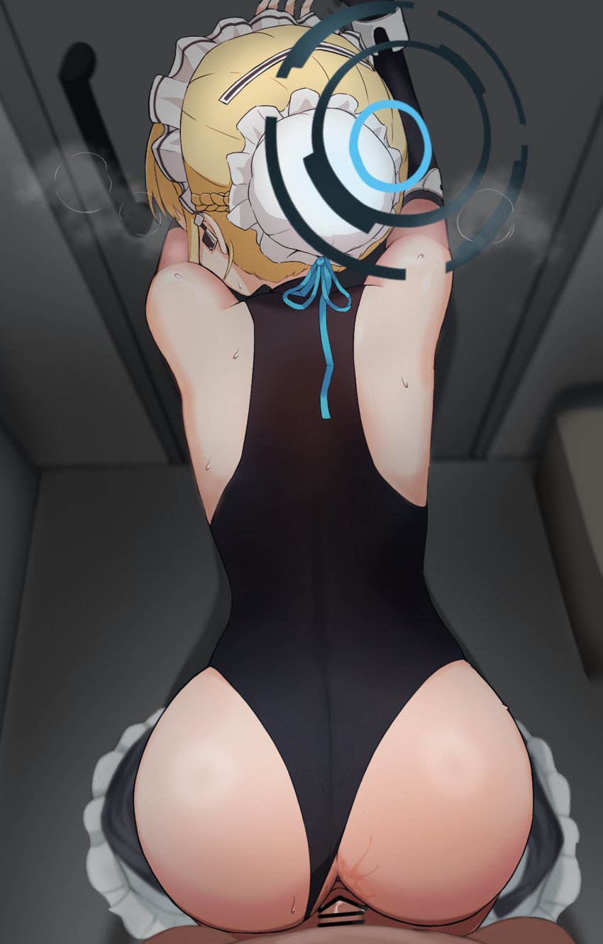 1boy against_door ass asuma_toki back black_leotard blue_archive blue_ribbon braid breath bun_cover cleaning_&_clearing_(blue_archive) clothed_sex clothing_aside commentary crown_braid earpiece english_commentary female from_above from_behind halo heavy_breathing highleg highleg_leotard highres indoors leotard leotard_aside maid_headdress millennium_science_school_student mintchoco_(minchothudong) mixed-language_commentary penis pov pussy pussy_juice ribbon sex sex_from_behind short_hair skirt skirt_removed solo_focus standing standing_sex straight sweat toki_(blue_archive) vaginal_penetration