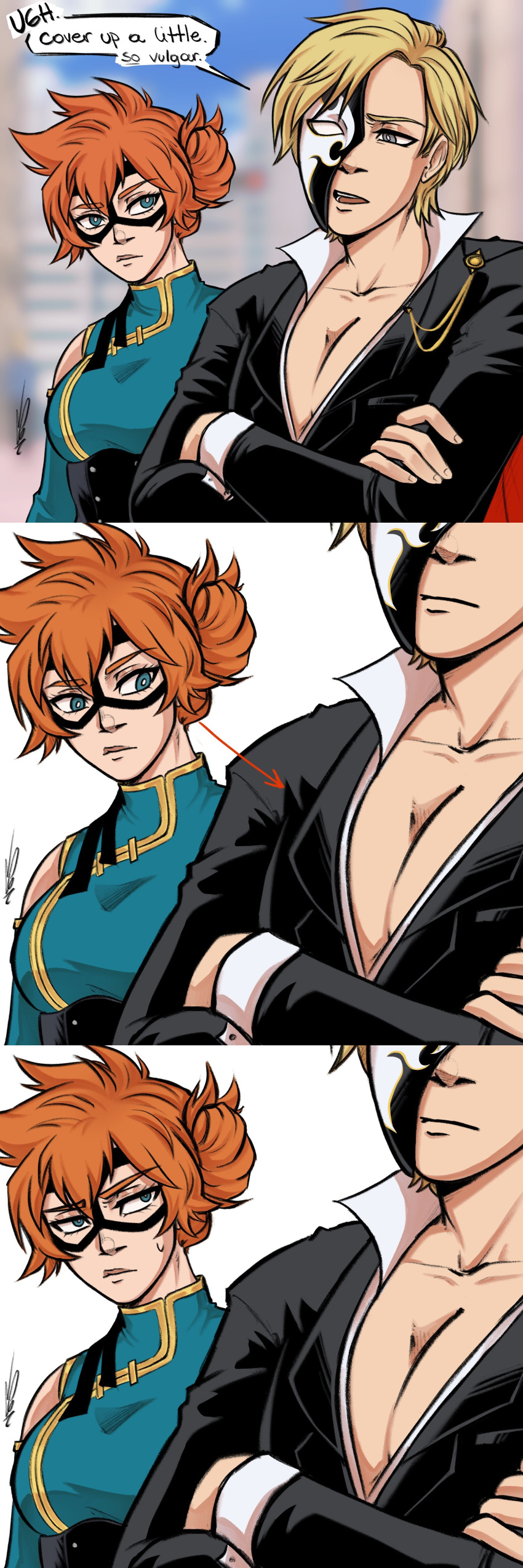 1boy 1girls blonde_hair blue_eyes cleavage cover_them_up_slut english_text female funny ginger hero_outfit_(mha) hypocrite itsuka_kendou kendou_itsuka looking_at_chest looking_at_partner male mask meme monoma_neito my_hero_academia neito_monoma orange_hair pecs pectoral_cleavage pectorals side_ponytail text