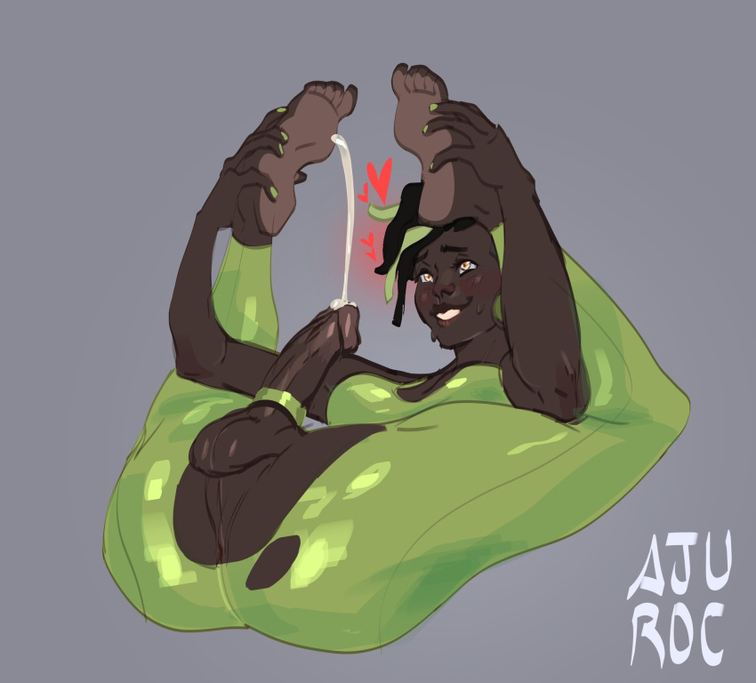 1boy ahe_gao anus balls barefoot cazu_(femboycarti) corujahorny cum cumming cumshot dark-skinned_male dreadlocks dyed_hair ear_piercing ejaculation eyeshadow feet femboy green_dreadlocks green_hair green_nails hearts latex_suit legs_up male_only multicolored_hair penis ripped_clothes ripped_clothing ripped_pants shaved_side skin_tight smiling sweat sweaty torn_clothes trap undercut undercut_dreads