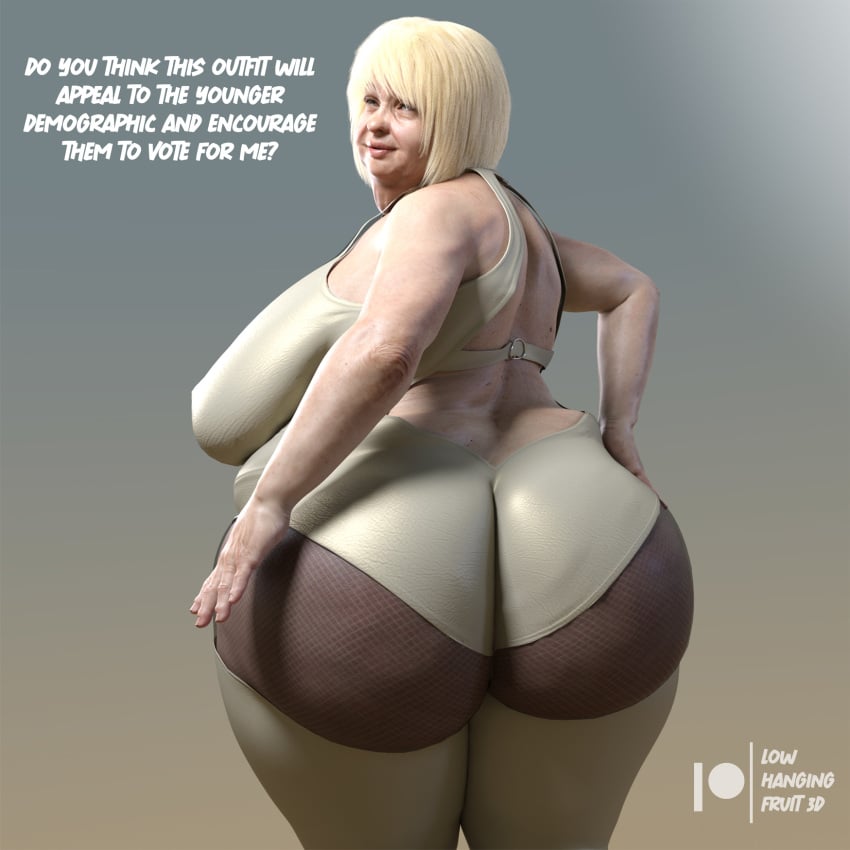 3d 3d_(artwork) areolae ass bbw big_ass big_breasts blonde_hair blue_eyes bodysuit breasts butt_focus daz3d daz_studio dialogue fat fat_ass fat_woman female gilf granny hand_on_butt hips large_ass large_breasts looking_at_viewer lowhangingfruit3d_(artist) mature_female nipples old_woman original_character overweight overweight_female pinup solo solo_female solo_focus thick_ass ugly_bitch ugly_woman wide_hips