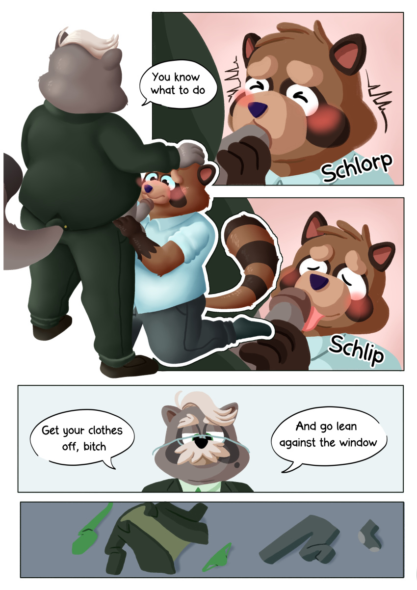 absurd_res anthro anthro_on_anthro brown_body brown_fur canid canine clothed clothing comic degradation digital_media_(artwork) duo embarrassed english_text erection eyewear facial_hair fellatio fur genitals glasses hi_res humanoid_genitalia male male/male mammal mature_male necktie office oral overweight overweight_male penile penis procyonid profanity raccoon raccoon_dog sex siblu sibluself simple_background suit tanuki text undressing