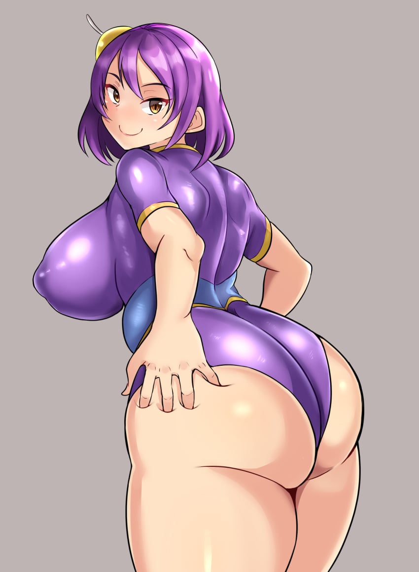 ass big_breasts breasts from_behind huge_ass huge_breasts looking_at_viewer mokuren5 nipple_bulge nipples_visible_through_clothing purple_clothing purple_hair short_hair smile smiling smiling_at_viewer thick_thighs yellow_eyes